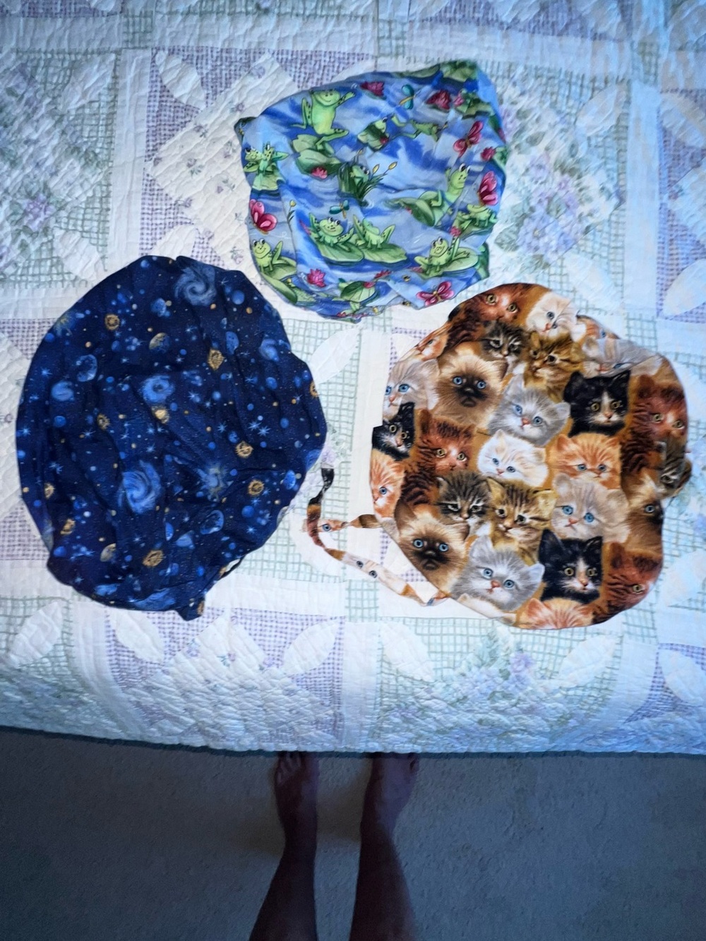 Women’s Multi-Print Cotton surgical scrub Caps — Kittens, Frogs & Galaxy